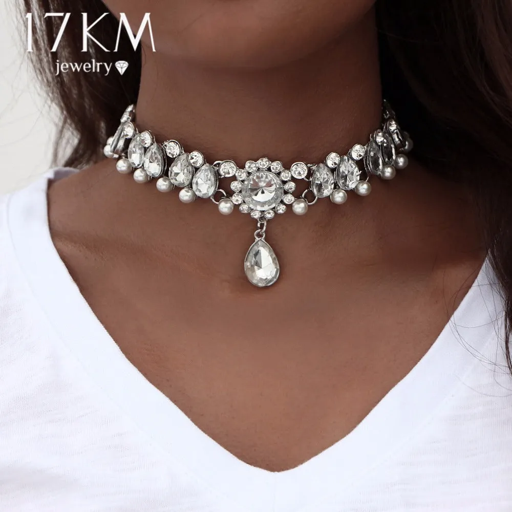 17KM Boho Collar Choker Water Drop Crystal Beads Choker Necklace &pendant Vintage Simulated Pearl Statement Beads Maxi Jewelry