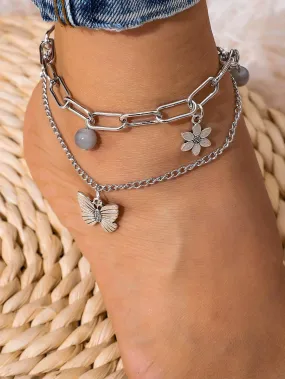 1pc Fashion Zinc Alloy Butterfly & Flower Pendant Anklet Chain For Women For Travel