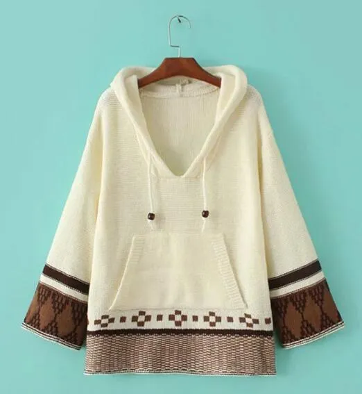 2017 chic boho winter knitted women sweater pullovers ethnic embroidered Nine point sleeve loose Hippie Bohemia Hooded sweaters