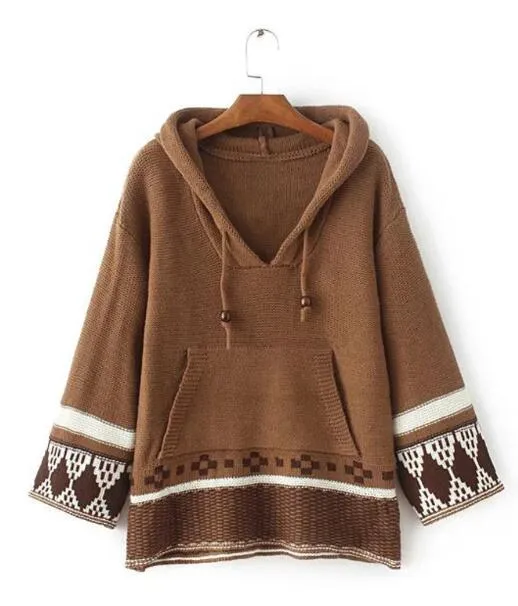 2017 chic boho winter knitted women sweater pullovers ethnic embroidered Nine point sleeve loose Hippie Bohemia Hooded sweaters