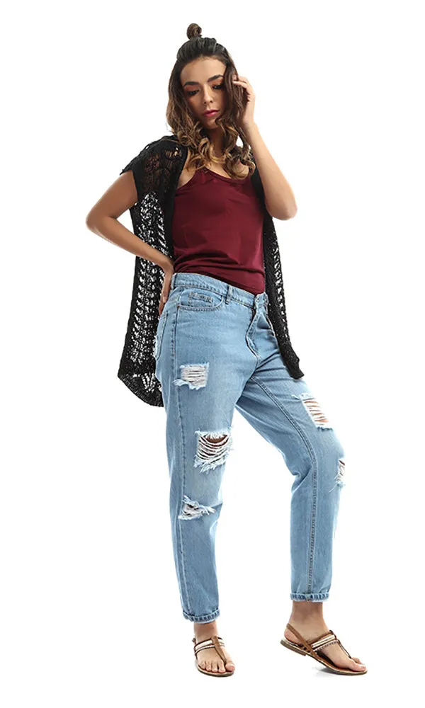 47631 Perforated Women Cardigan - Black