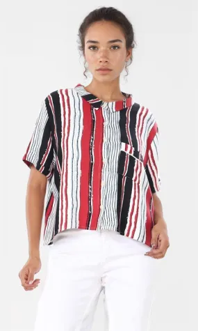 57045 Striped Short Sleeves Buttoned Crop Shirt