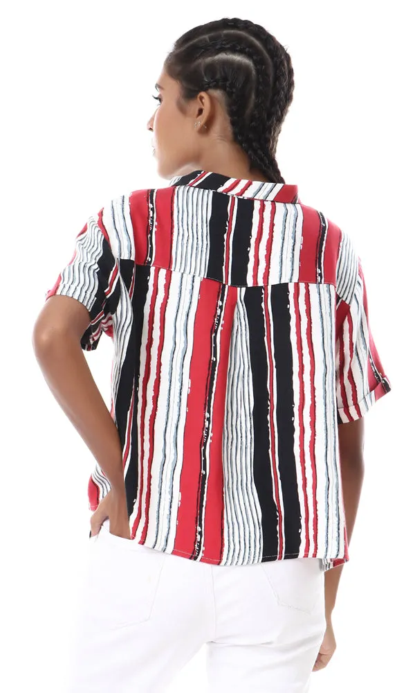 57045 Striped Short Sleeves Buttoned Crop Shirt