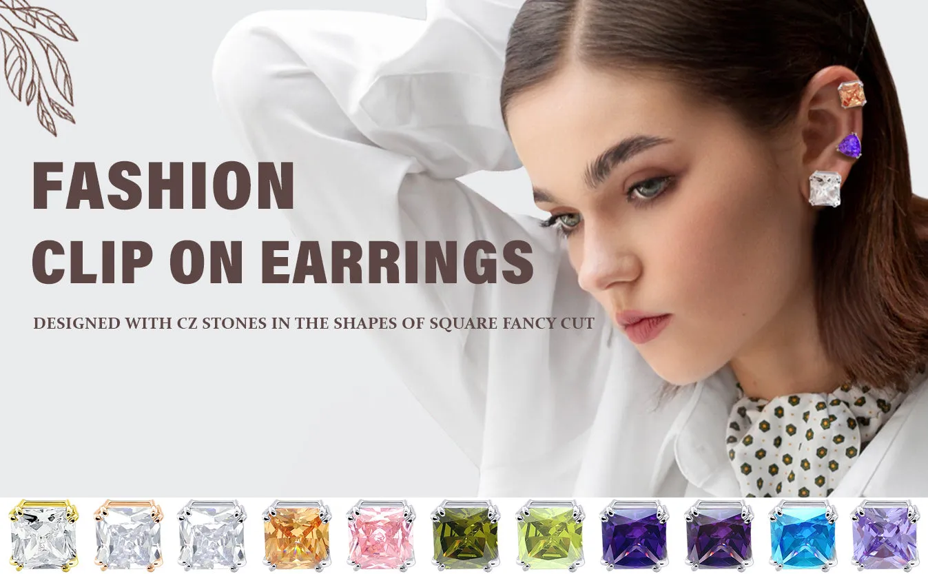 5CT Princess Cut Solitaire CZ Clip On Stud Earrings Birthstone Colors