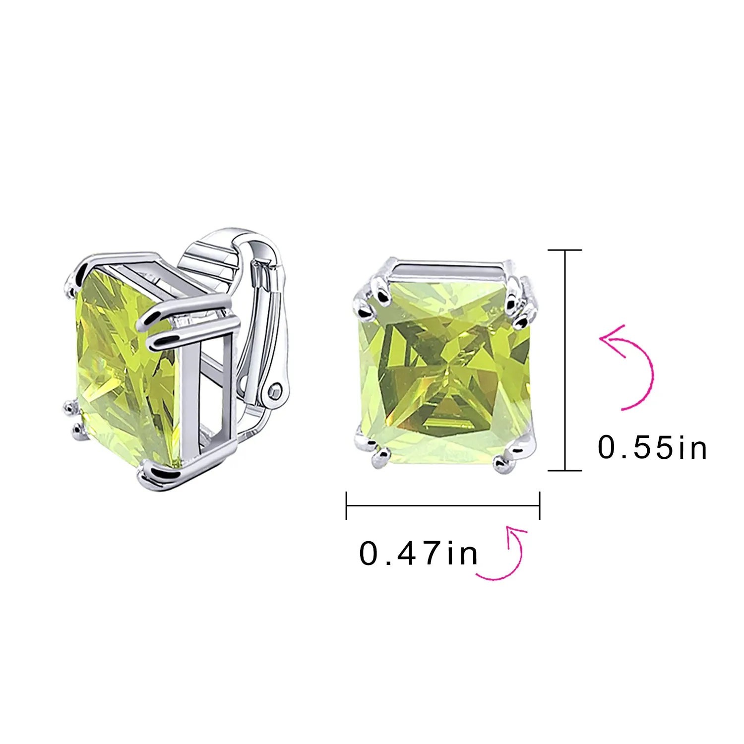 5CT Princess Cut Solitaire CZ Clip On Stud Earrings Birthstone Colors