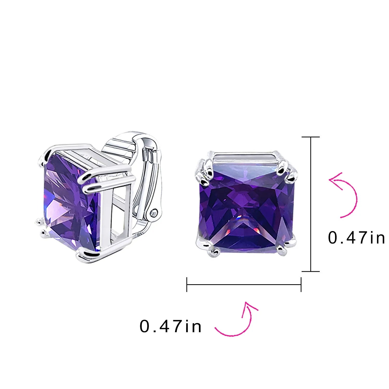 5CT Princess Cut Solitaire CZ Clip On Stud Earrings Birthstone Colors