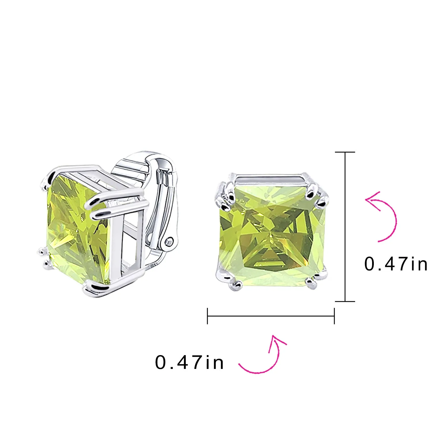 5CT Princess Cut Solitaire CZ Clip On Stud Earrings Birthstone Colors