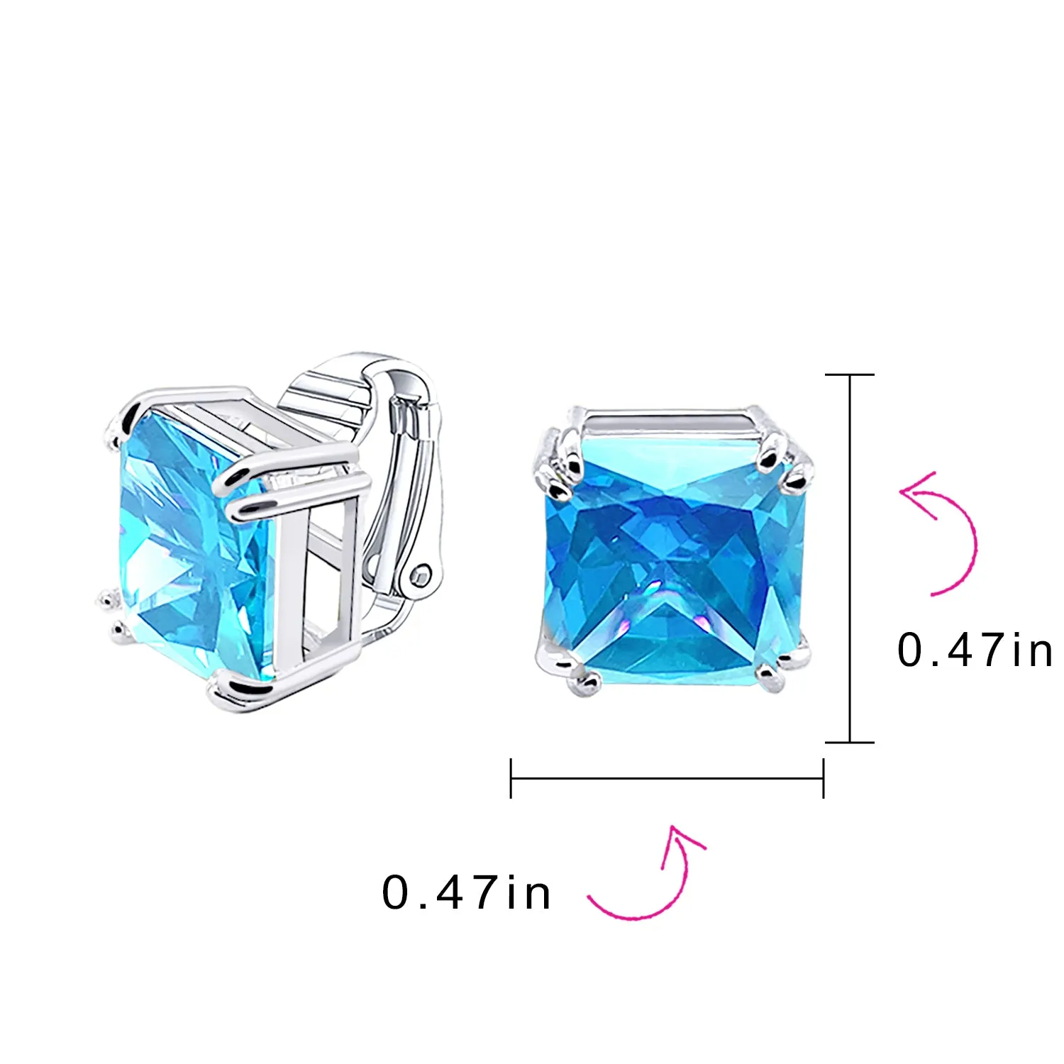 5CT Princess Cut Solitaire CZ Clip On Stud Earrings Birthstone Colors