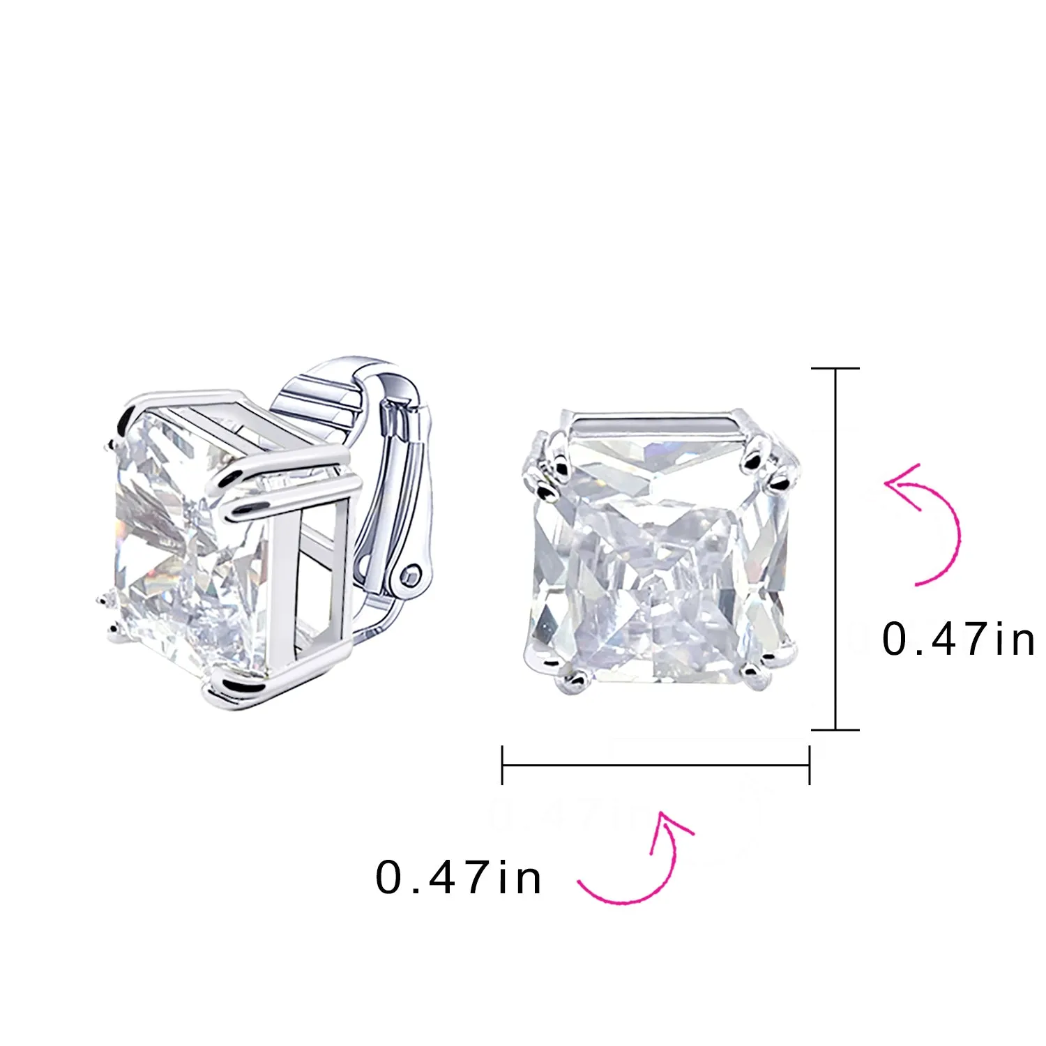 5CT Princess Cut Solitaire CZ Clip On Stud Earrings Birthstone Colors