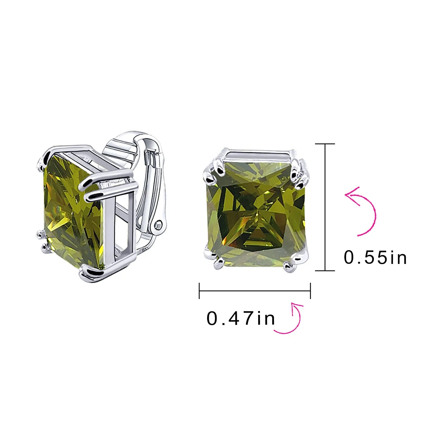 5CT Princess Cut Solitaire CZ Clip On Stud Earrings Birthstone Colors