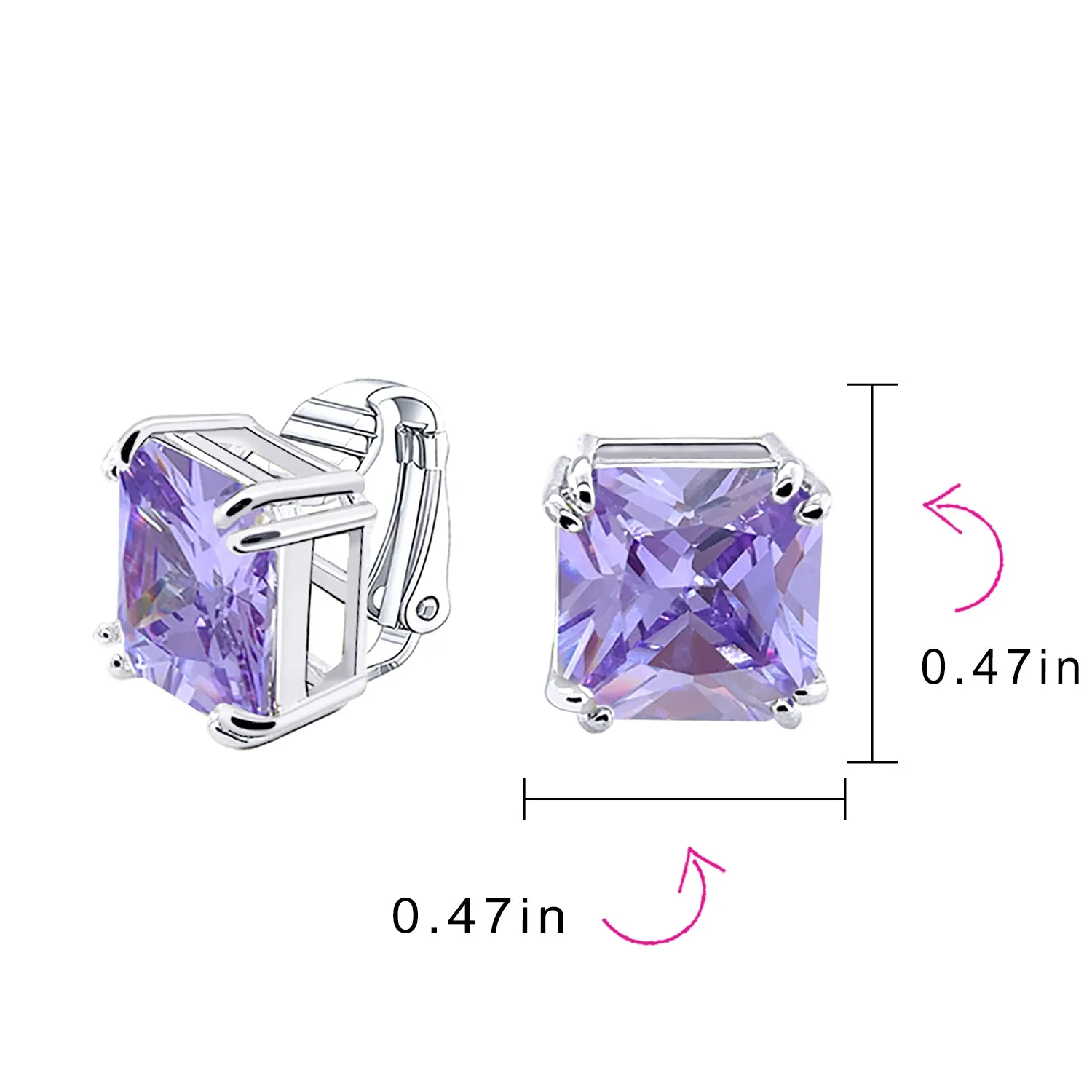 5CT Princess Cut Solitaire CZ Clip On Stud Earrings Birthstone Colors