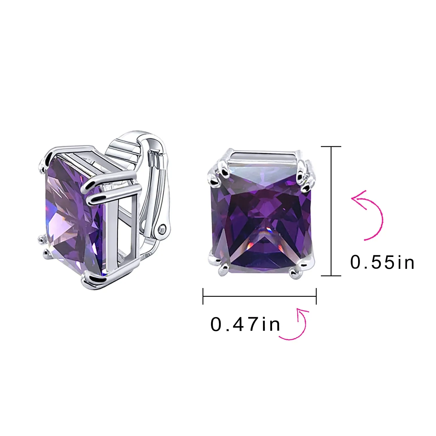 5CT Princess Cut Solitaire CZ Clip On Stud Earrings Birthstone Colors