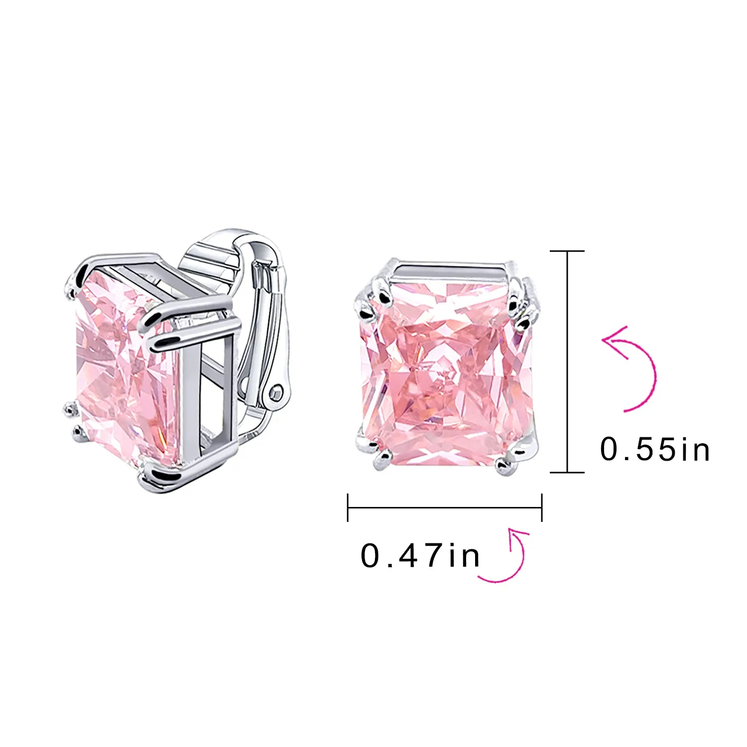 5CT Princess Cut Solitaire CZ Clip On Stud Earrings Birthstone Colors