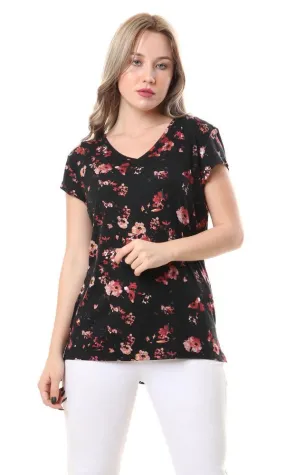 93007 V-Neck Short Sleeves Fluffy Floral Top - Black & Coral