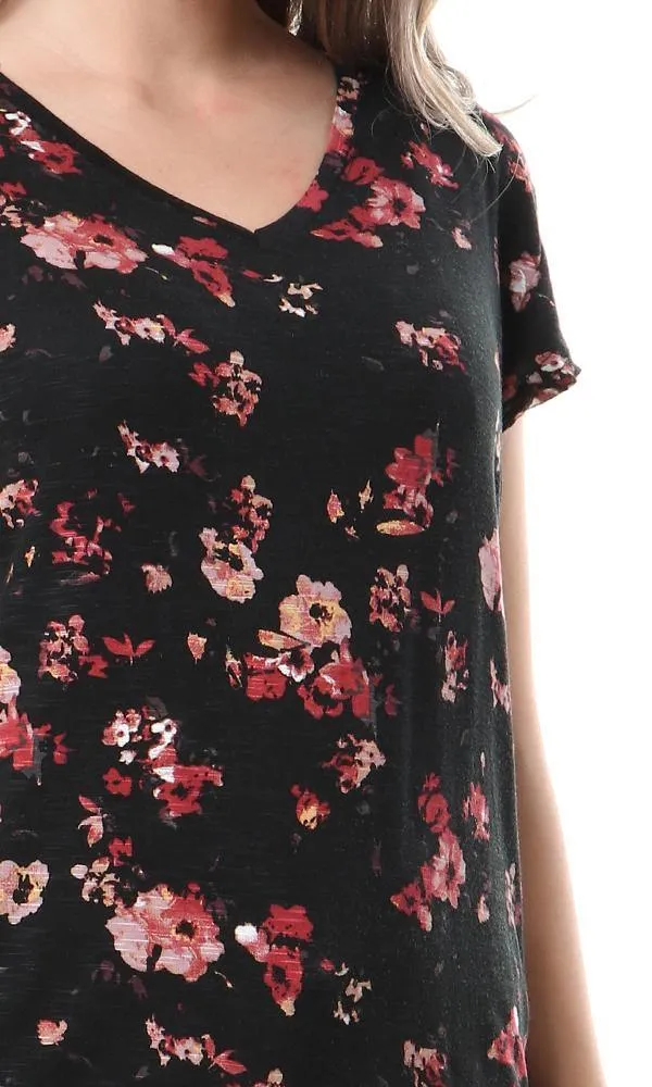 93007 V-Neck Short Sleeves Fluffy Floral Top - Black & Coral