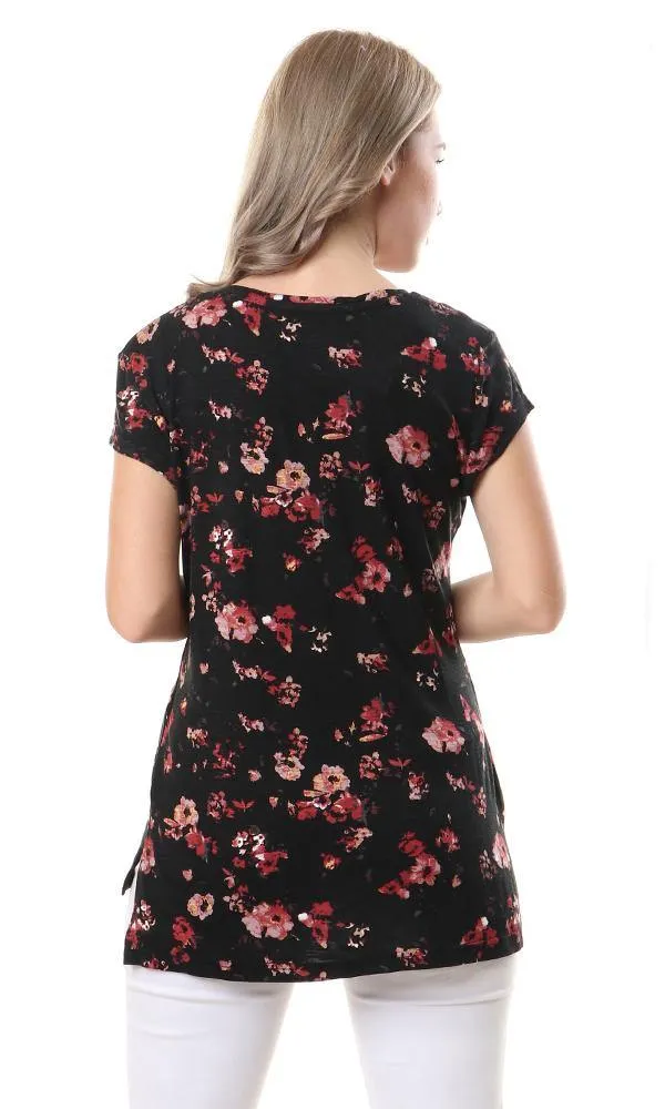 93007 V-Neck Short Sleeves Fluffy Floral Top - Black & Coral