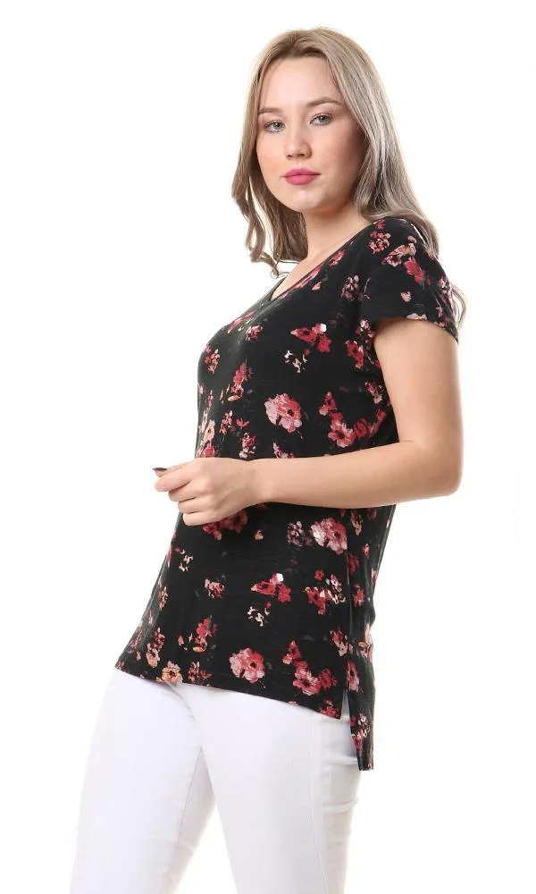 93007 V-Neck Short Sleeves Fluffy Floral Top - Black & Coral