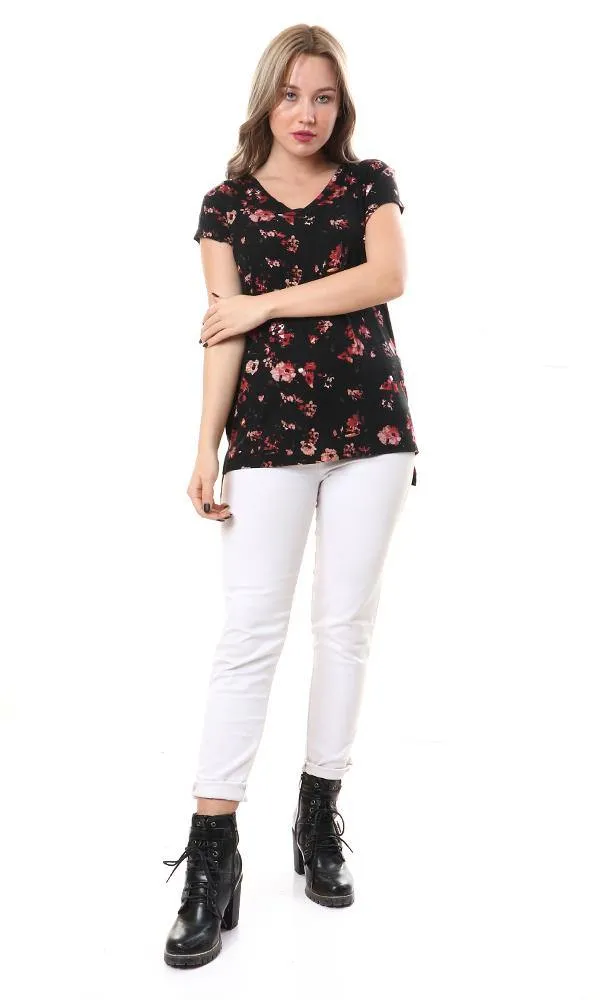 93007 V-Neck Short Sleeves Fluffy Floral Top - Black & Coral