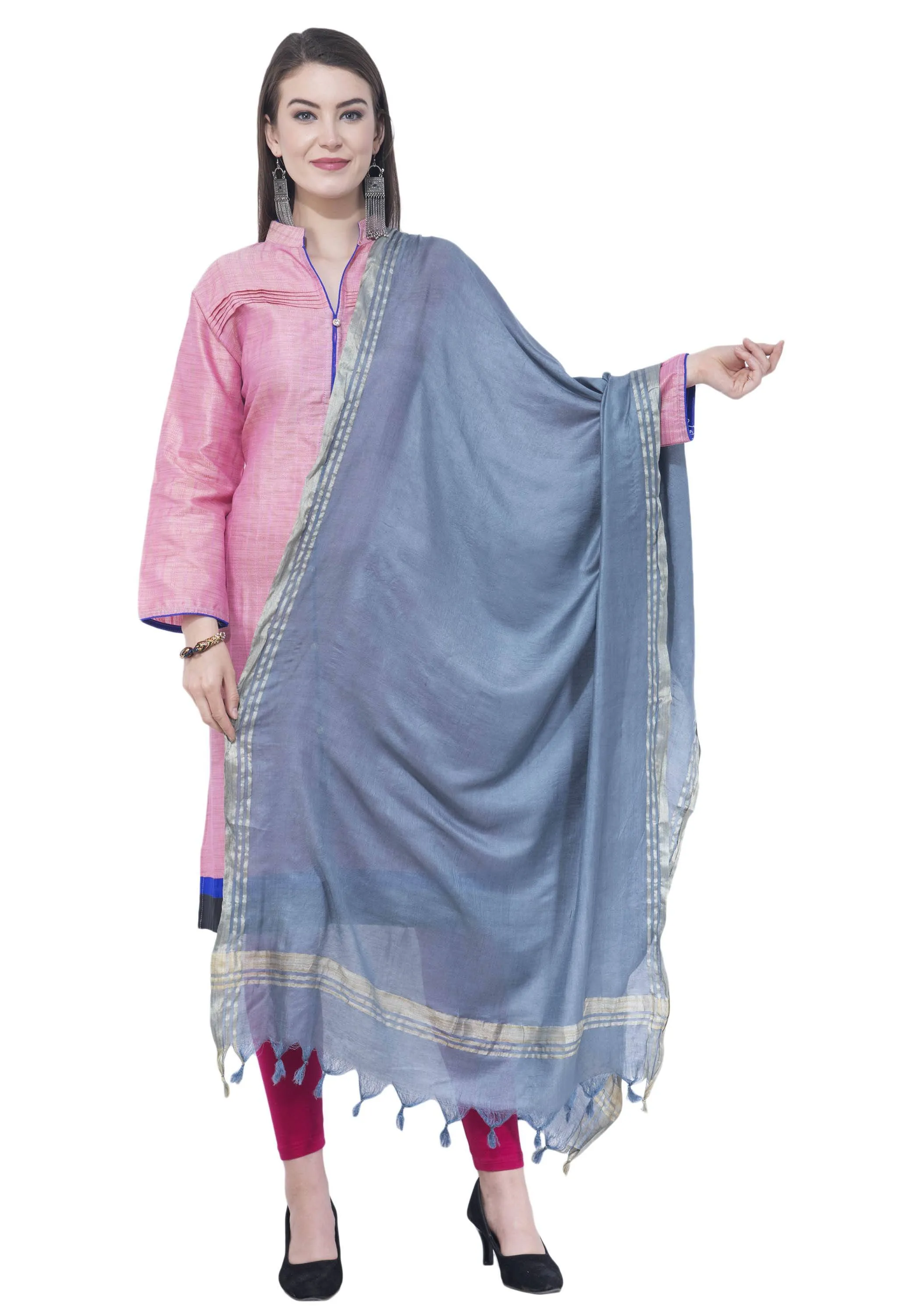 A R SILK Gray Color Golden border Cotton Dupattas and Chunnis