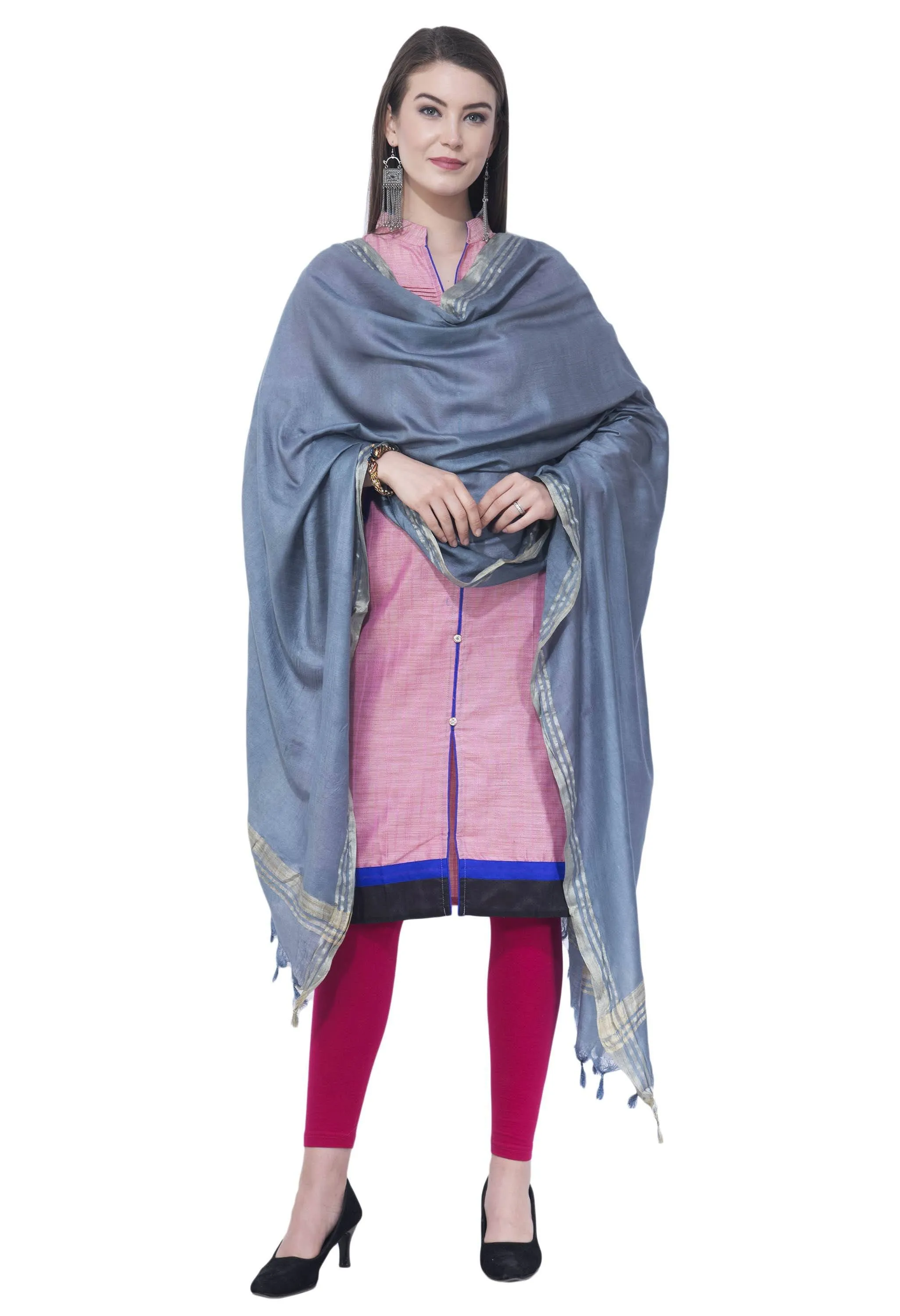 A R SILK Gray Color Golden border Cotton Dupattas and Chunnis