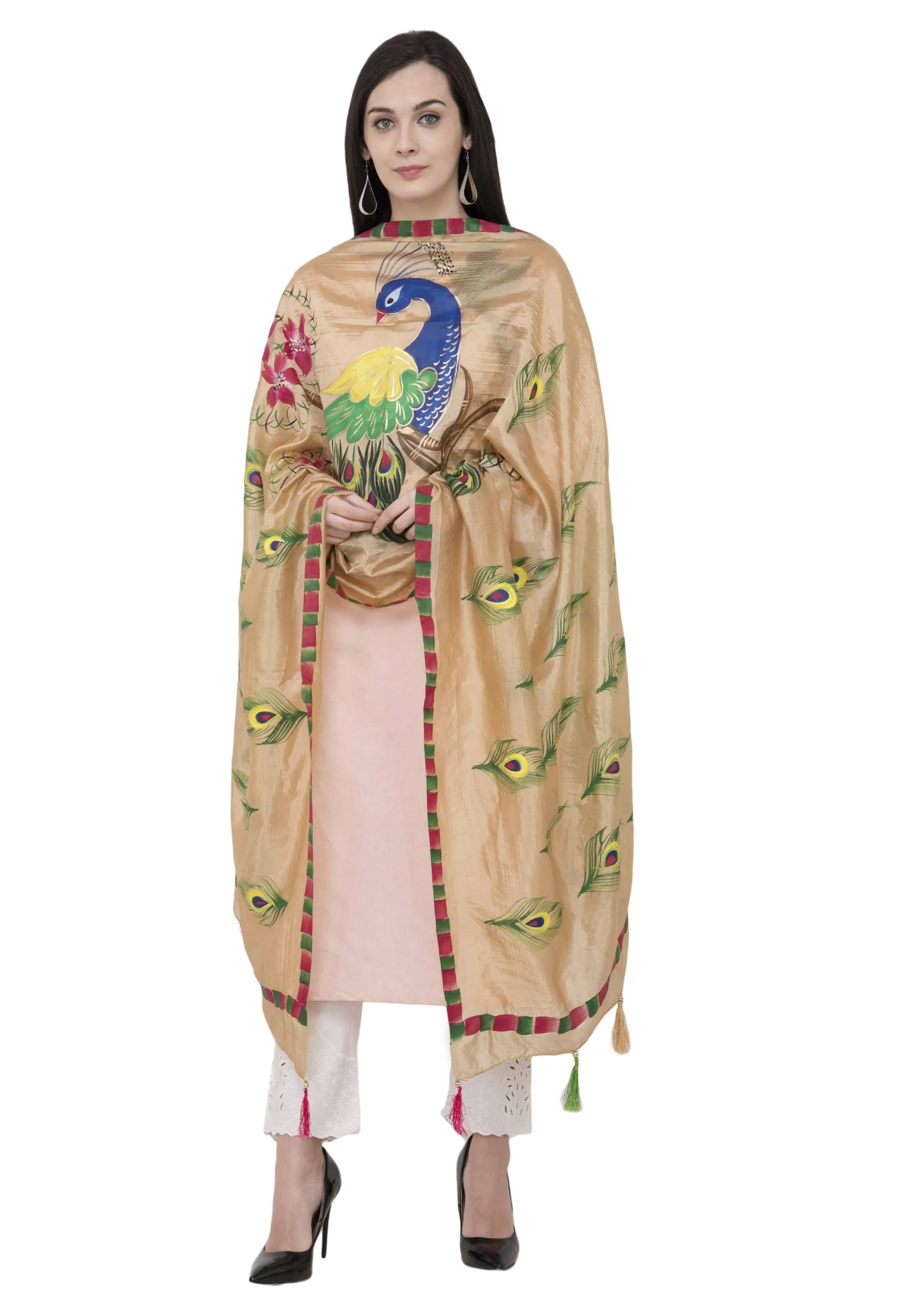 A R Silk Silk Peacock Multi Fancy Dupatta Color Golden Dupatta or Chunni