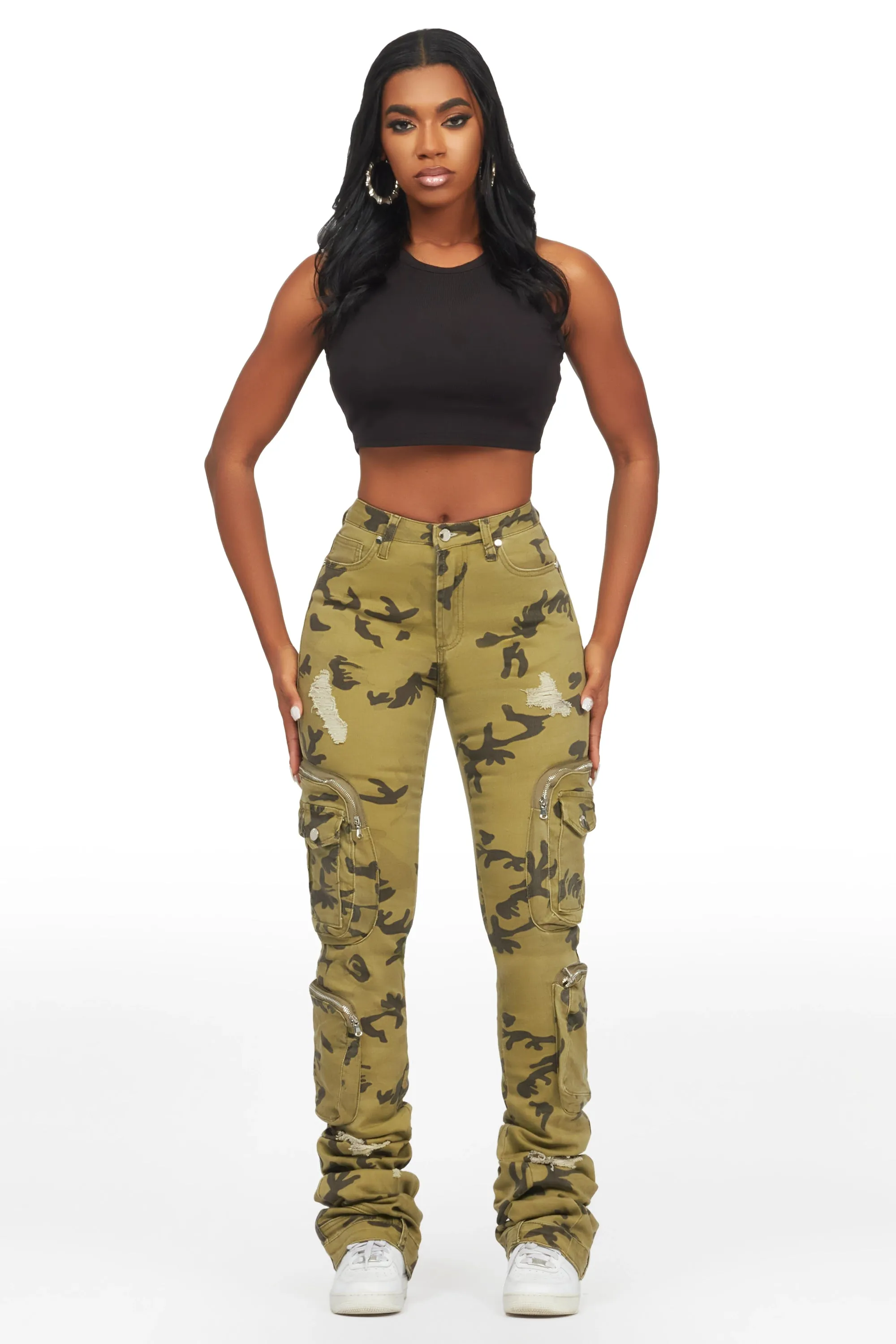 Alisson Green Camo Cargo Super Stacked Jean