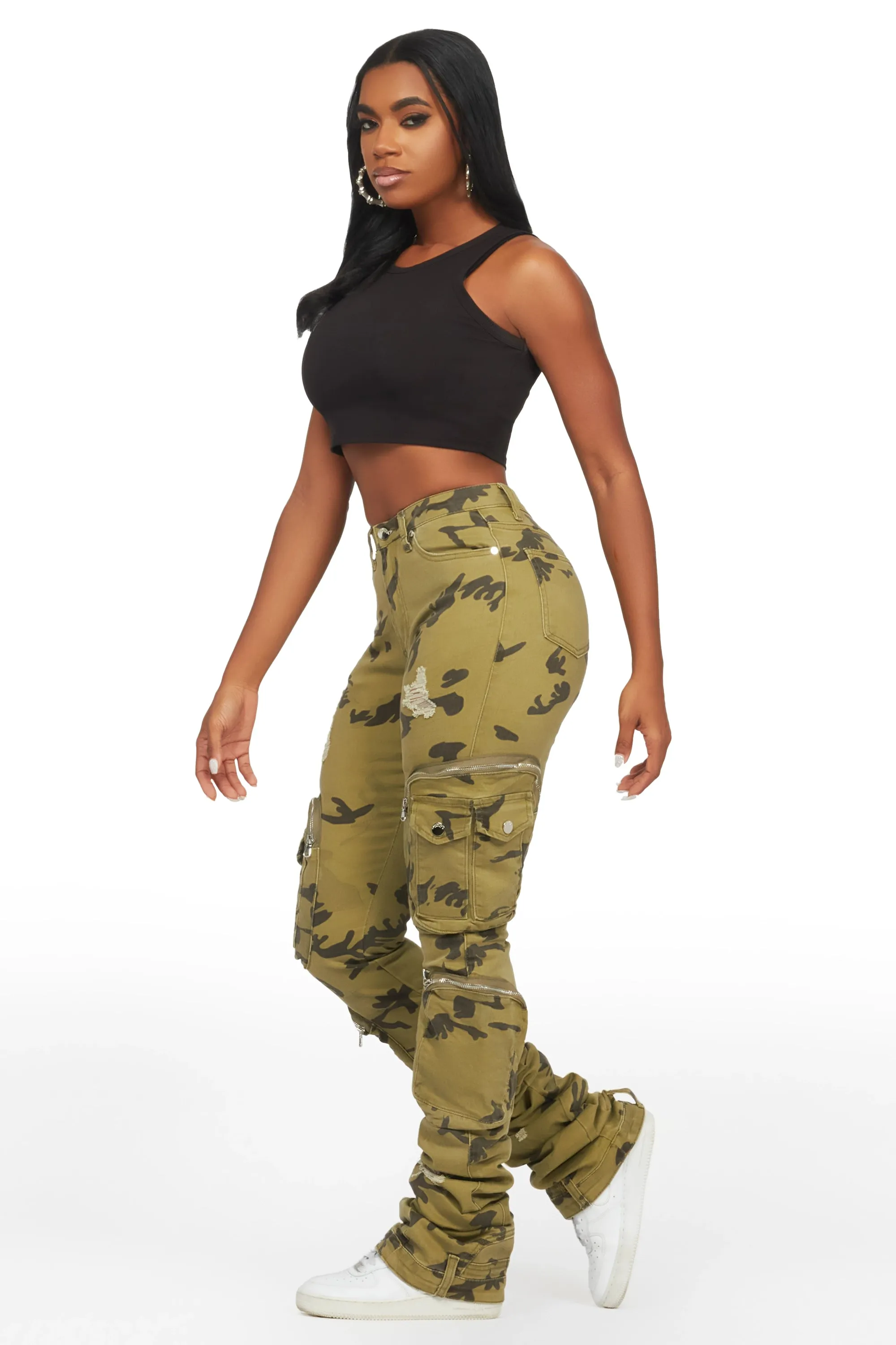 Alisson Green Camo Cargo Super Stacked Jean