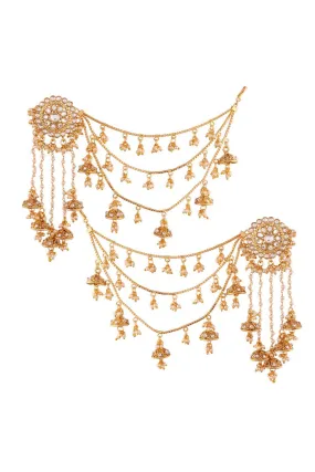 Alloy Jhumka Earring with Hair Chain in Gold