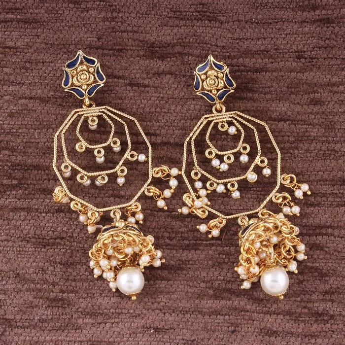 Alloy Jhumki Earrings with Chain in Blue