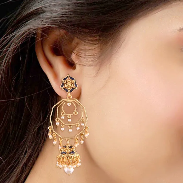 Alloy Jhumki Earrings with Chain in Blue