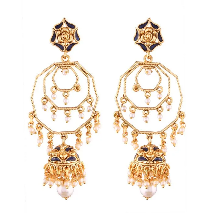 Alloy Jhumki Earrings with Chain in Blue