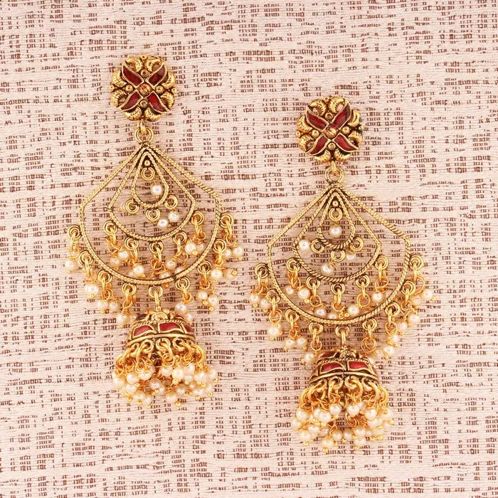 Alloy Jhumki Earrings with Chain in White