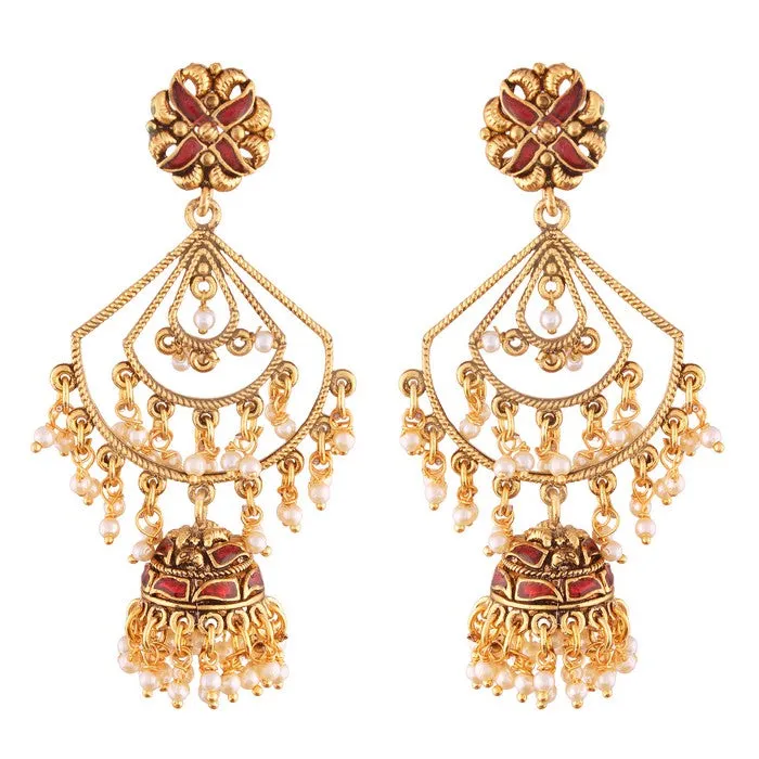 Alloy Jhumki Earrings with Chain in White