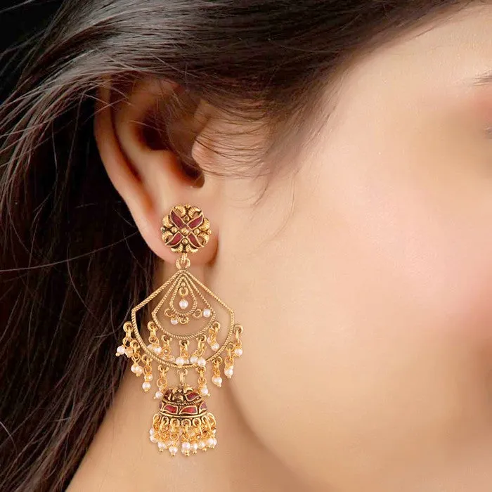 Alloy Jhumki Earrings with Chain in White