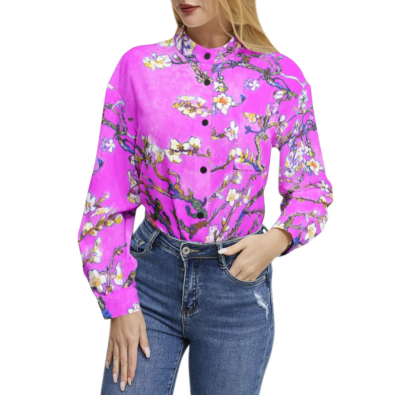 Almond Blossoms and Lavender Skies Long Sleeve Button Up Casual Shirt Top