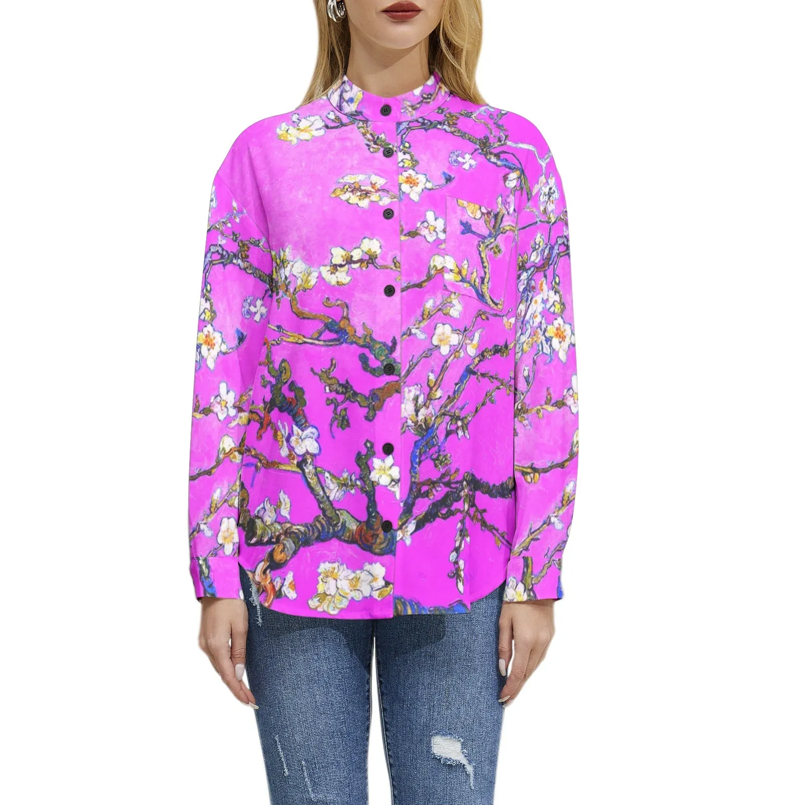 Almond Blossoms and Lavender Skies Long Sleeve Button Up Casual Shirt Top