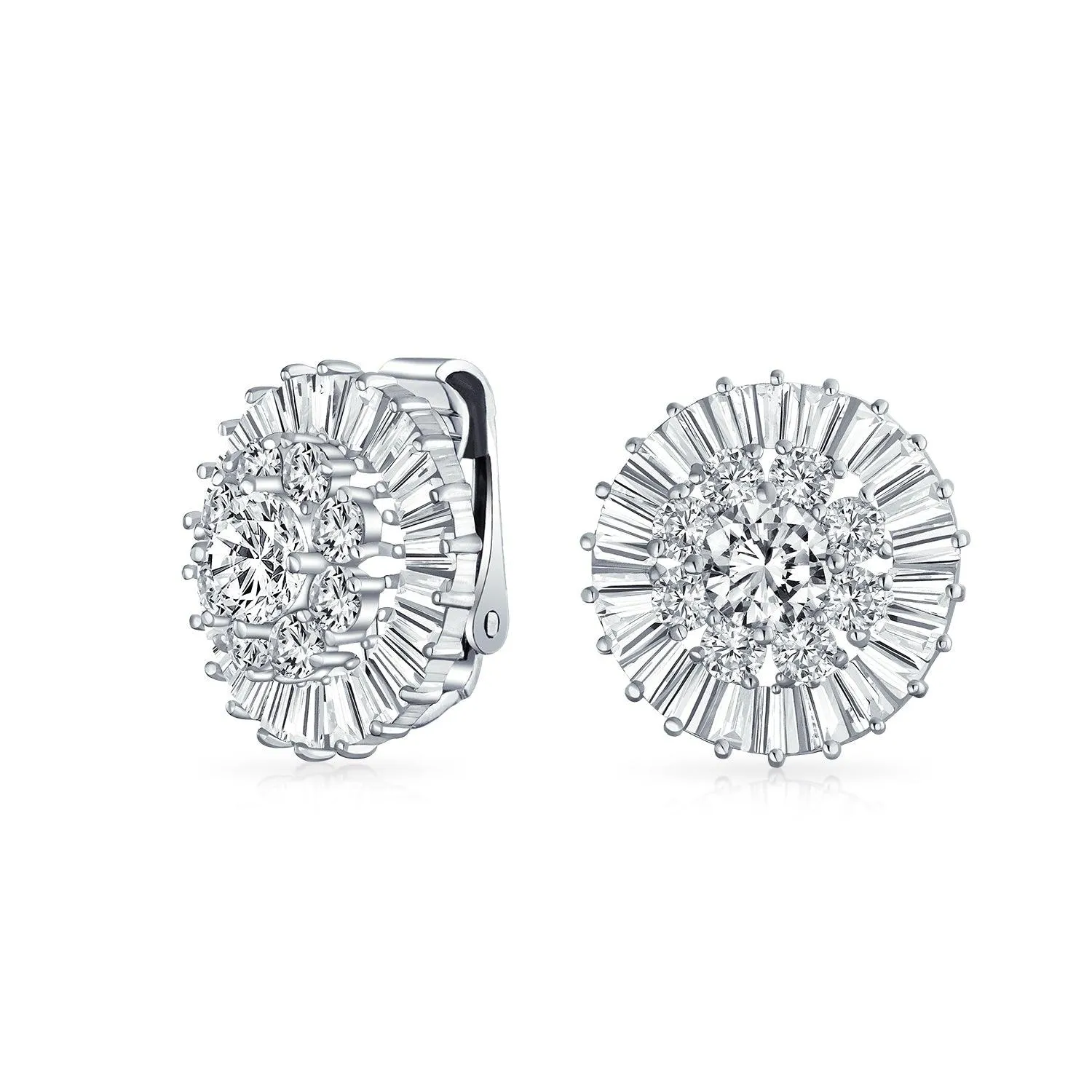 Art Deco AAA CZ Oval  Sqaure Halo Statement Clip On Earring Silver