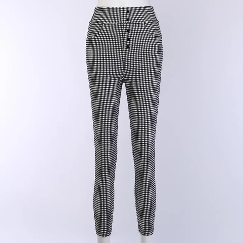 Autumn Elegant Women's Grey Plaid Button Front High Waist Skinny Pants