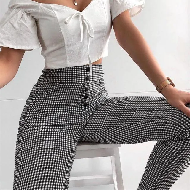 Autumn Elegant Women's Grey Plaid Button Front High Waist Skinny Pants