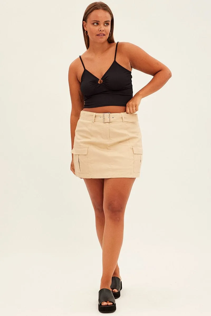 Beige Cargo Skirt Belted Mini Cotton