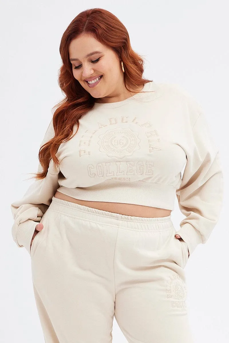 Beige Cropped Sweatshirt Philadelphia Embroidered Fleece