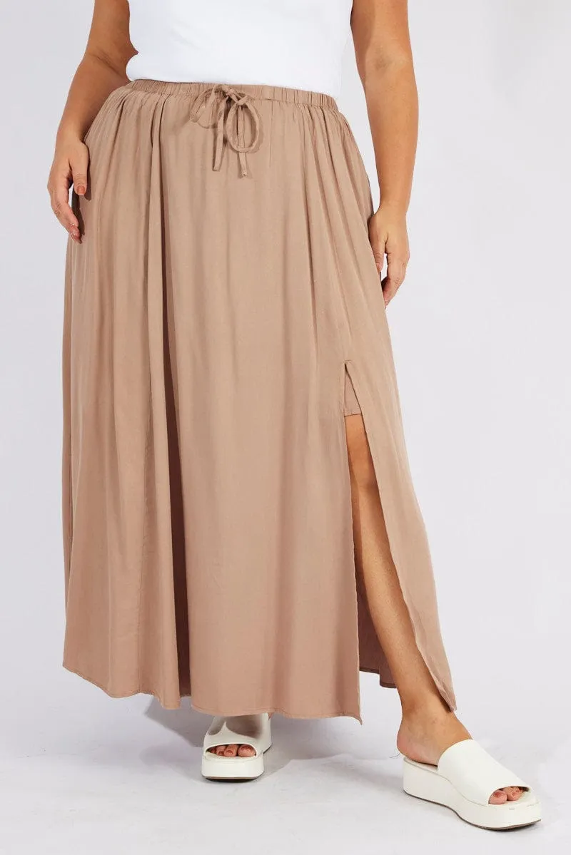 Beige Drawstring Waist Maxi Skirt