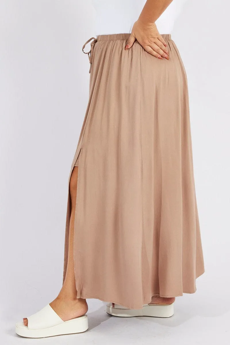 Beige Drawstring Waist Maxi Skirt