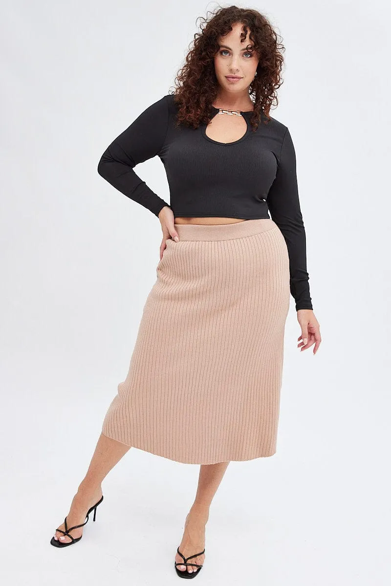 Beige Knit Skirt Elastic Waist Midi Flare Rib