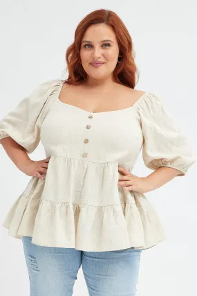 Beige Smock Top Short Sleeve Tiered