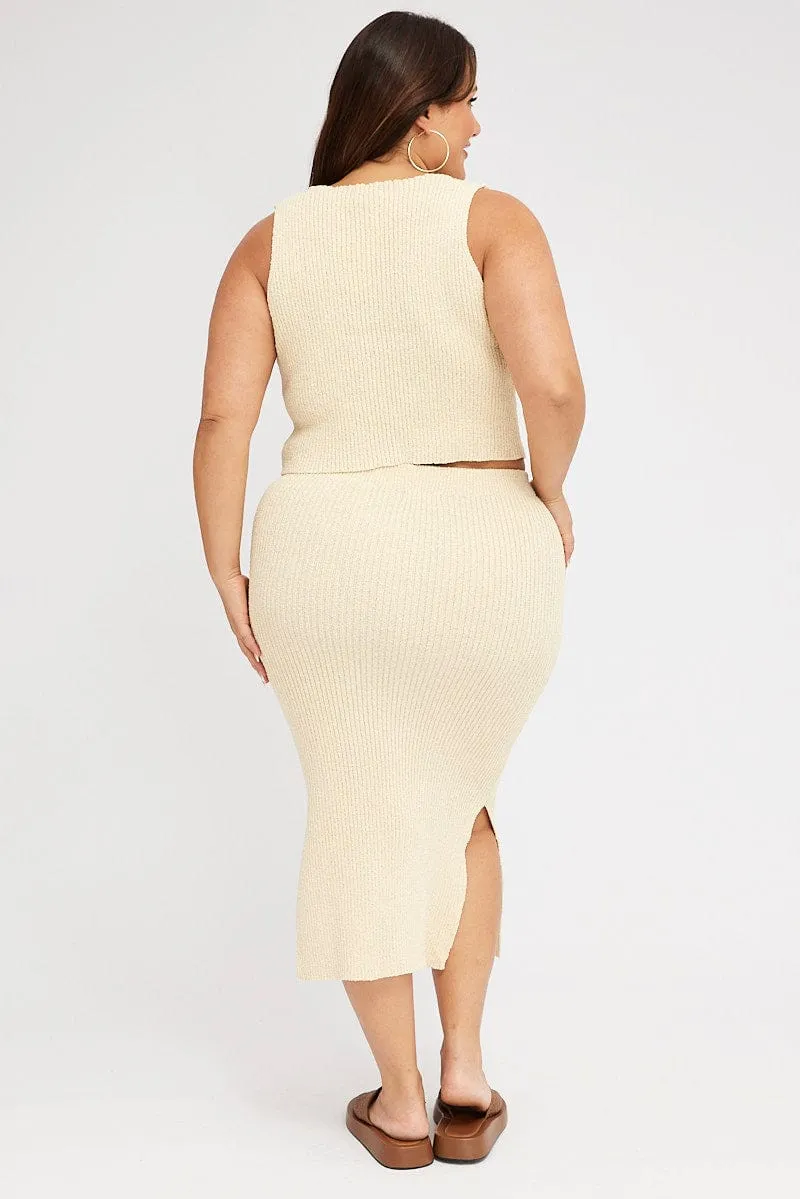 Beige Textured Knit Midi Skirt