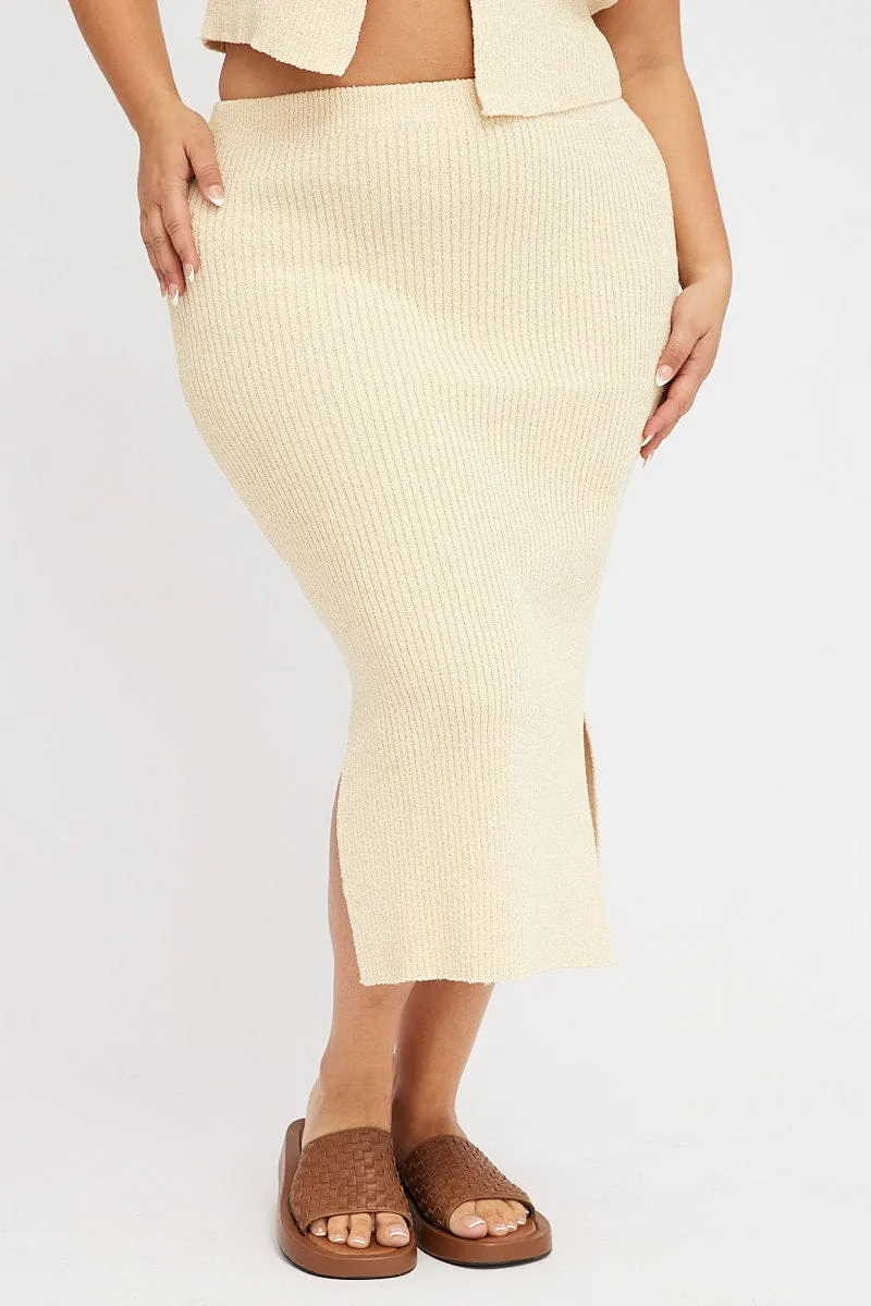 Beige Textured Knit Midi Skirt