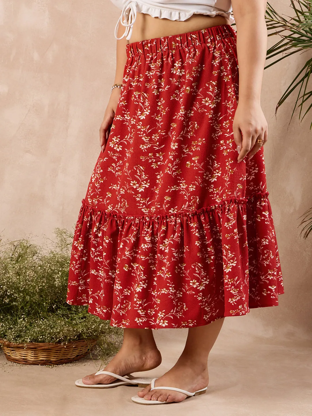 Berrylush Curve Red Floral Print High Rise A-Line Midi Skirt