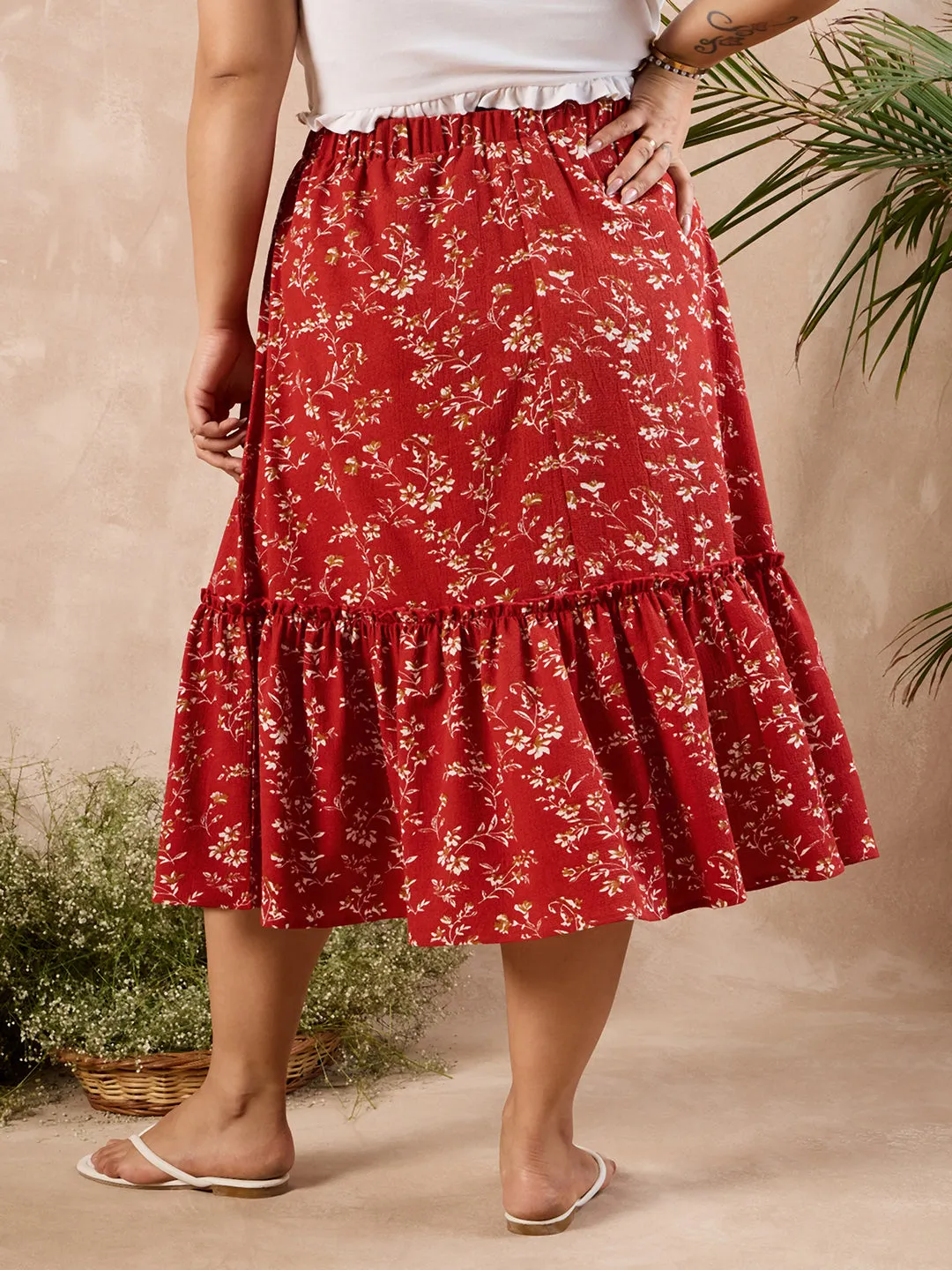 Berrylush Curve Red Floral Print High Rise A-Line Midi Skirt