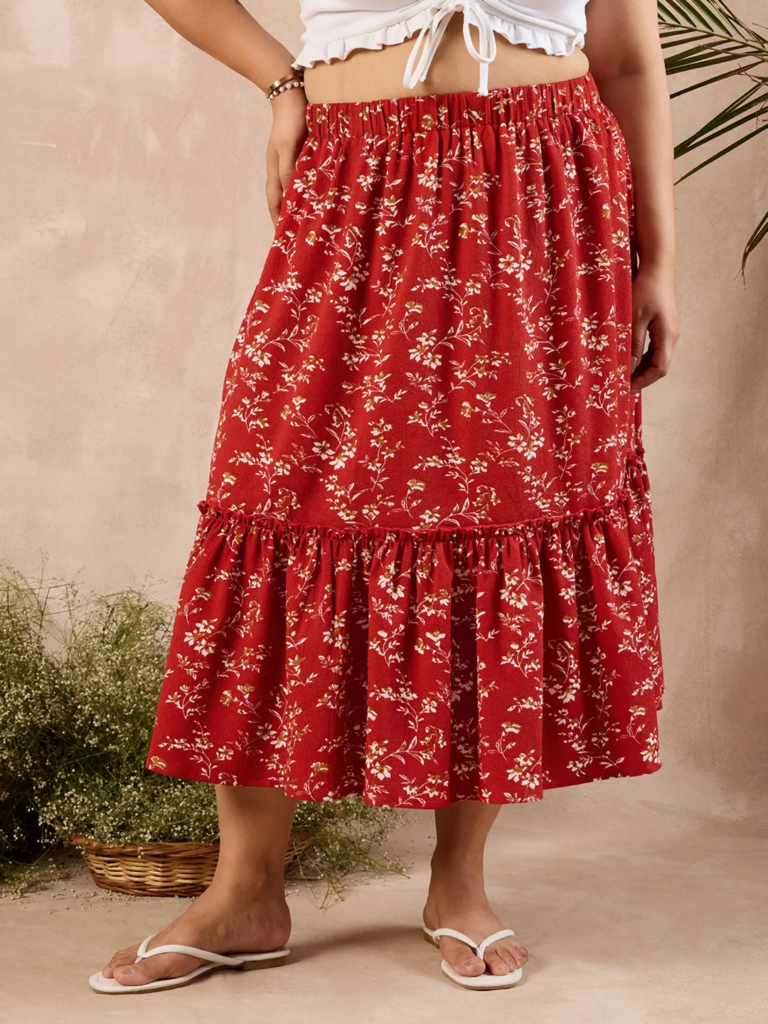 Berrylush Curve Red Floral Print High Rise A-Line Midi Skirt